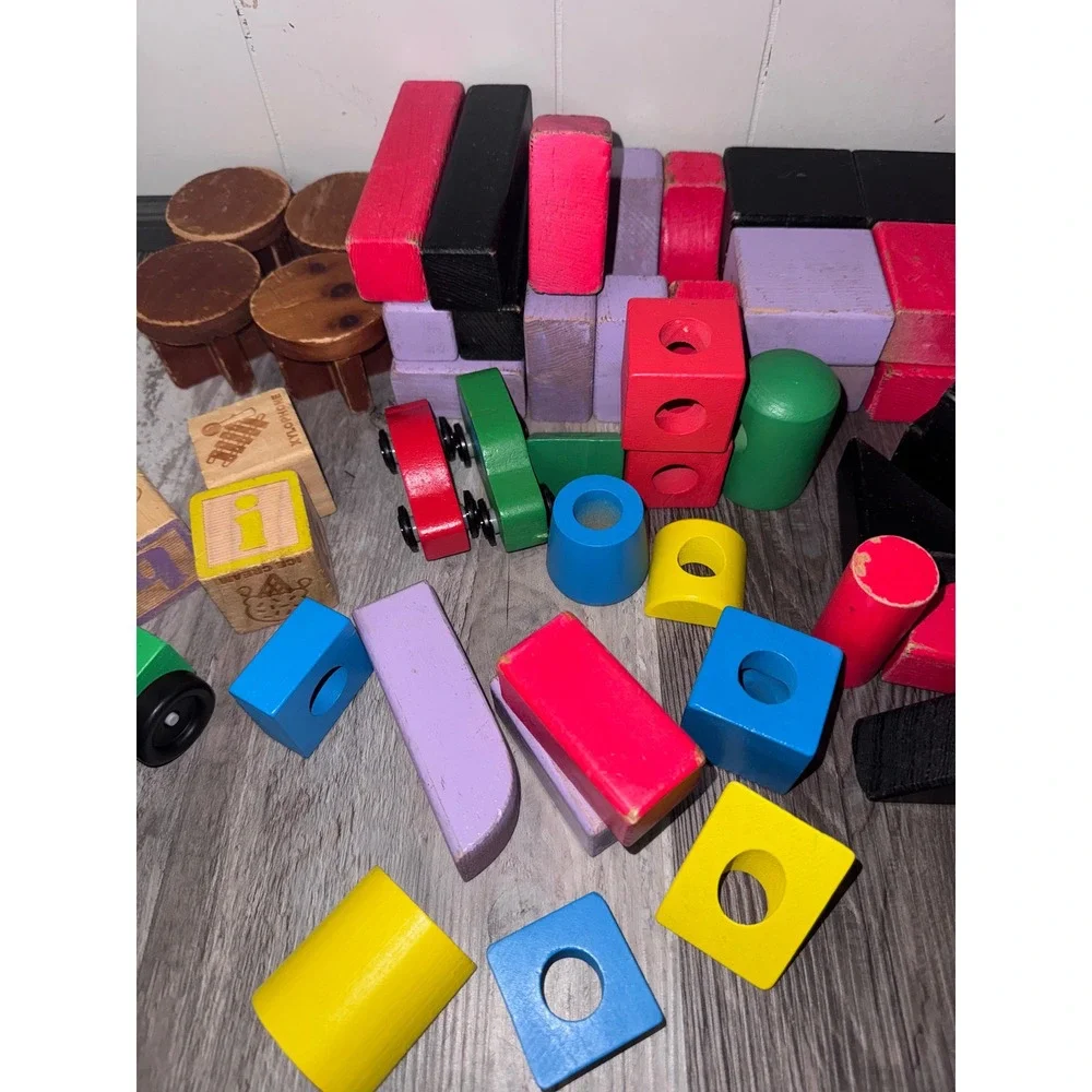 Wooden Stacking Train and Building Blocks Toy Lot Mixed Shapes